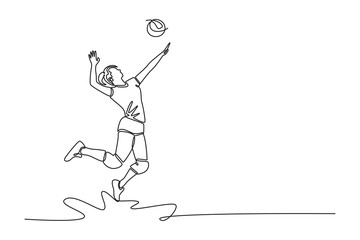 Continuous one line drawing woman volleyball player in motion hitting the ball with jump spike on court during training. Healthy lifestyle concept. Single line draw design vector graphic illustration