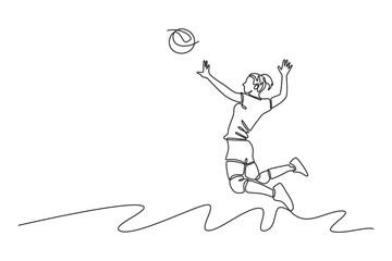 Continuous one line drawing female volleyball player in motion hitting the ball with jump smash on court during competition. Healthy sport teamwork. Single line draw design vector graphic illustration