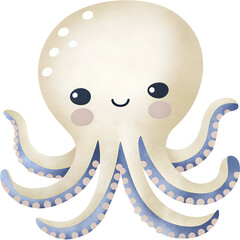 Watercolor illustration of a cute octopus with blue accents on a transparent background.