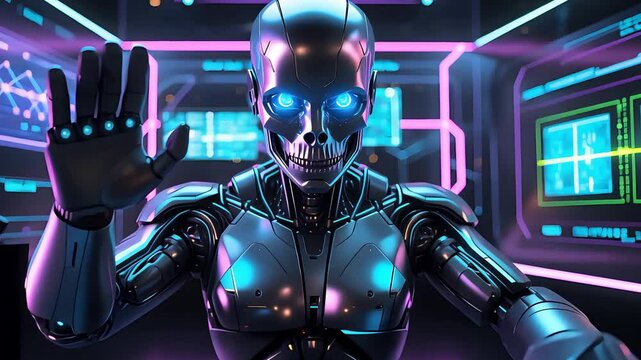 Futuristic robot with glowing eyes extending its hand, set in a high-tech digital environment with vibrant neon lights and screens

