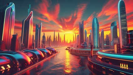 Vibrant city skyline at sunset, blending sleek, metallic, and neon-lit futuristic architecture with warm, nostalgic 1970s color grading, evoking a sense of retrofuturism.