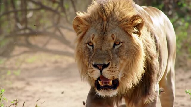 Un le&oacute;n feroz, con su melena ondeando dram&aacute;ticamente, carga con paso poderoso. Sus fauces est&aacute;n abiertas de par en par, revelando afilados dientes