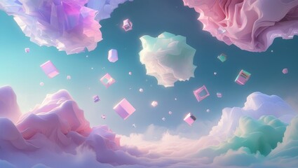 Vibrant and ethereal surreal dreamscape with intricately detailed, iridescent floating geometric shapes in shades of rose, lavender, and mint, suspended amidst soft, whispy pastel clouds.