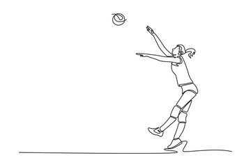 Single continuous line drawing female volleyball player in motion hitting the ball with jump smash on court during tournament. Sportswoman in action. One line draw graphic design vector illustration