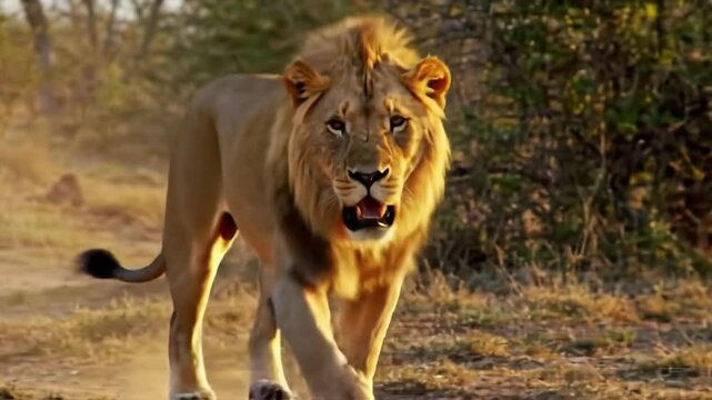 Un le&oacute;n feroz, con su melena ondeando dram&aacute;ticamente, carga con paso poderoso. Sus fauces est&aacute;n abiertas de par en par, revelando afilados dientes