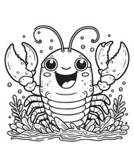 Coloring book lobster emerging from bubbly water with seaweed. A happy and lively marine 