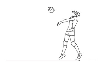 Fototapeta premium Single continuous line drawing female volleyball player receiving a ball with bump pass. She is training with her team or participating in competition. One line draw graphic design vector illustration