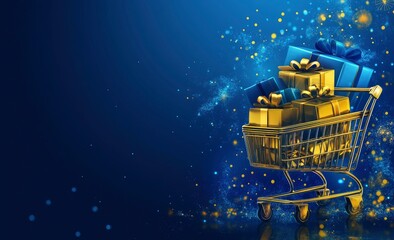 Golden Shopping Cart Overflowing with Blue and Gold Gifts: Festive Luxury