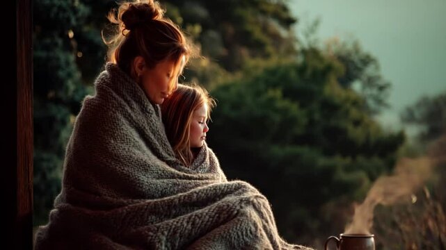 Mother and daughter sit on porch wrapped in blanket beside steaming mug in morning mist. Slow side movement. 4K.
