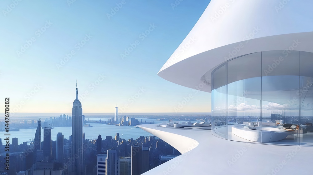 Poster ニューヨークの高層ビルと湾岸風景を望む現代建築デザインの屋上テラス 全体的な青空と光の美しいコントラスト