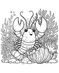 Coloring book kawaii lobster surrounded by leaves coral. A cute and peaceful marine scene