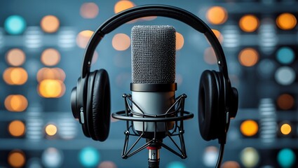 Podcast microphone against a creative background design