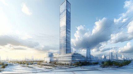 Obraz premium Modern skyscraper in urban landscape under a partly cloudy sky. Detailed architectural design