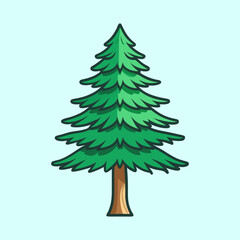 A cartoon illustration of an evergreen tree on light blue background