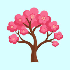 A delightful cartoon cherry blossom tree against a soft blue background