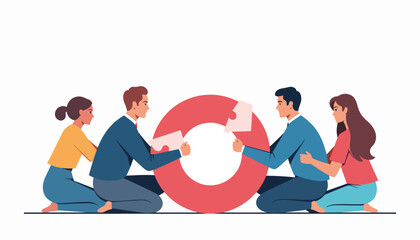 Obraz premium Collaborative teamwork among four professionals assembling puzzle pieces, unity