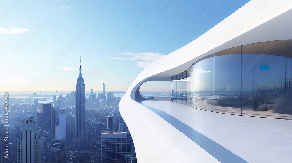 Poster ニューヨーク市の上空にある近未来的な白い展望台からの眺め青い空と高層ビルの都市景観
