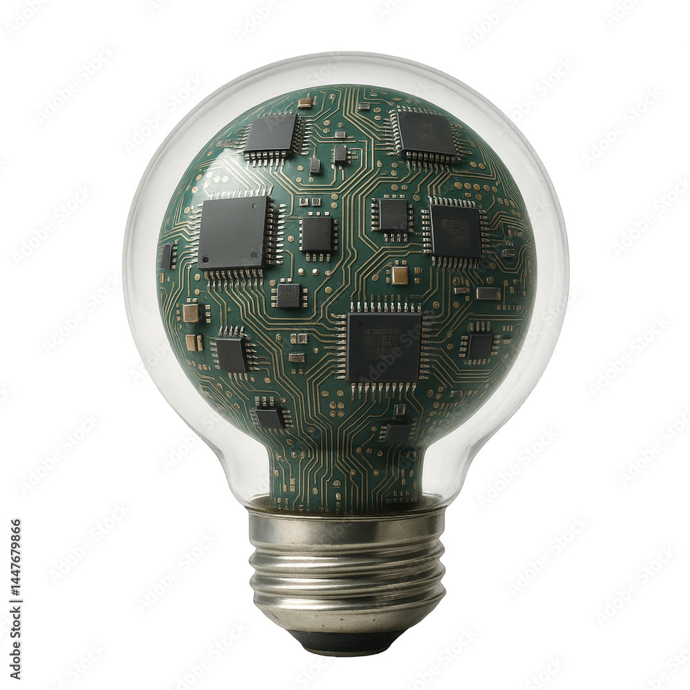 Poster technological idea visualized a detailed circuit board sphere replaces the filament inside a light b