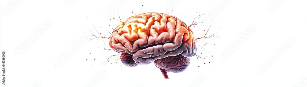 Poster human brain with neurons and sparks representing cognitive activity and neural connections in bright