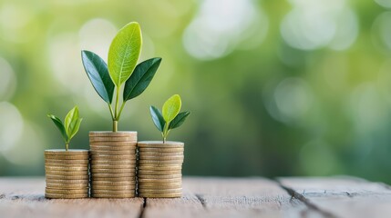 Growth of money with green leaves on stacks of coins representing financial success and sustainability concept