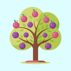 Stylized Apple or Plum Tree with Fruit Against a Light Blue Background