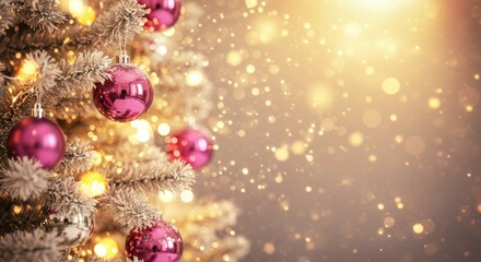 Decorated Christmas Tree with Pink Ornaments and Golden Lights