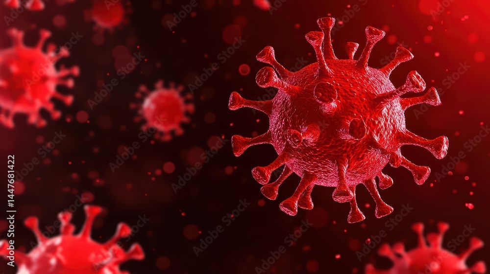 Poster close-up view of red coronavirus particles on dark background in 3d render with blurred particles an