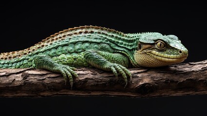 Obraz premium Reptile resting on tree branch with textured skin