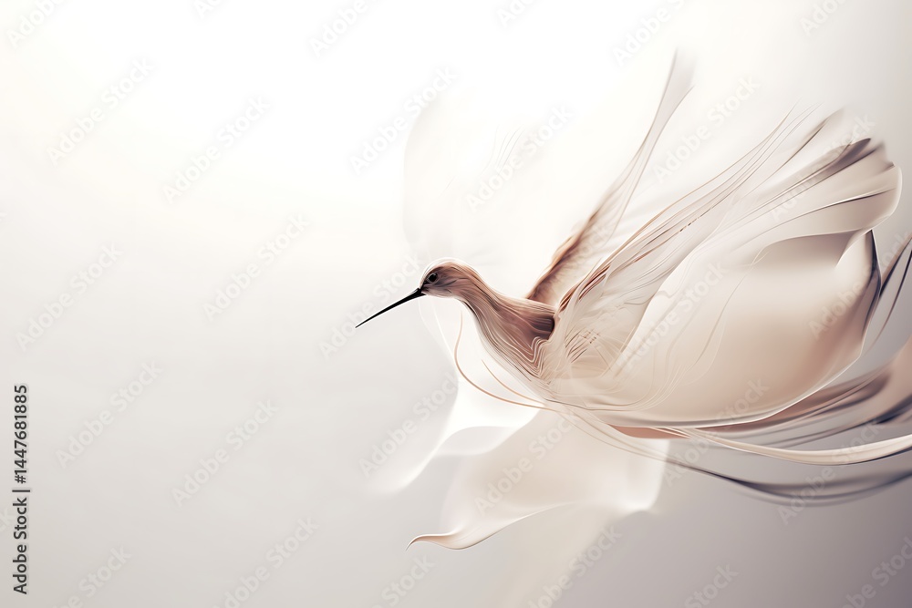 Poster abstract image of a hummingbird in flight, rendered in shades of beige and white against a bright ba