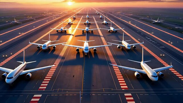 Aerial view of multiple airplanes lined up on an airport runway during sunset, ready for takeoff in a busy aviation hub

