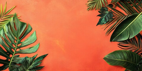 Tropical Leaves on Burnt Orange: A Vibrant Botanical Composition