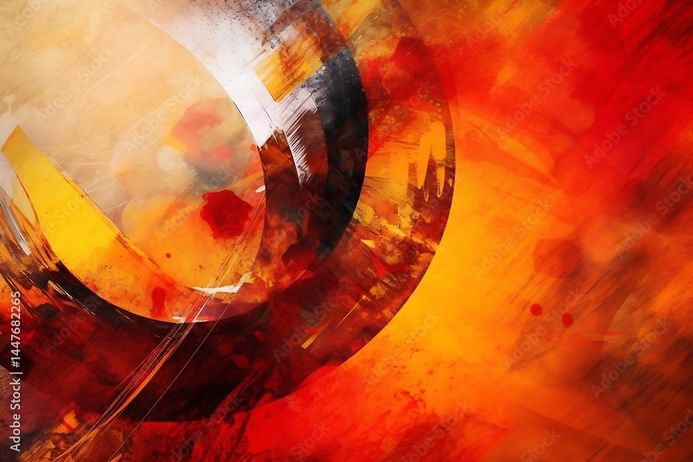 Poster abstract painting in fiery orange, red, and yellow hues. bold black brushstrokes form a circular sha