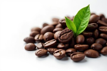 Obraz premium Dark roasted coffee beans with fresh green leaf on pristine white background, crop, espresso, product