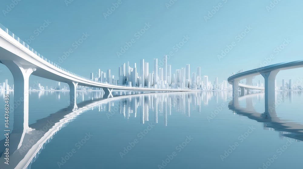 Poster 青い水面と白い橋と高層ビルが映える未来都市の風景 穏やかな光と洗練されたデザイン