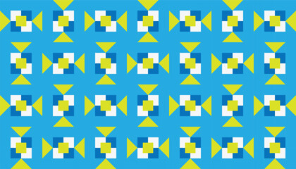 Colorful geometric pattern on a light blue background, featuring repeating windmill-like shapes made of triangles and squares