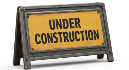 A yellow under construction sign with a gray metal frame on a white background in a studio shot