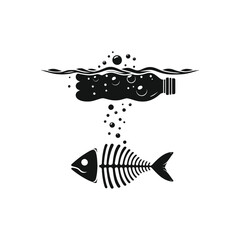 Environmental Water Pollution Concept with Plastic Bottle Floating Above Fish Skeleton