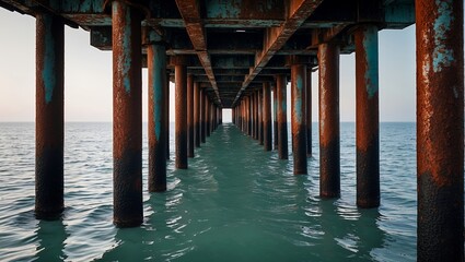 Rusted pilings of a weathered pier in tranquil water