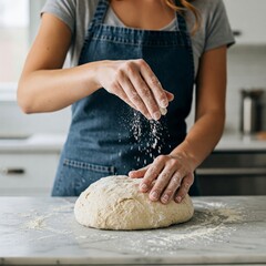 Obraz premium Close-up of woman kneading bread dough on marble board over kitchen counter. Midsection of female preparing sourdough bread in kitchen sprinkling flour over the dough