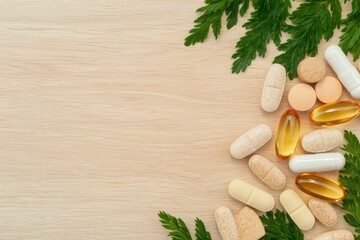 Colorful assortment of dietary supplements and vitamins with green leaves on light wooden background