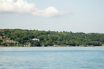 Tranquil coastal landscape of bali with lush greenery and serene sea for travel inspiration