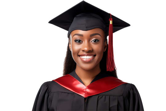Smiling African American female college student on transparent background – Young black woman, education, diversity, university life, studying, learning, academic success, future, confidence. PNG.