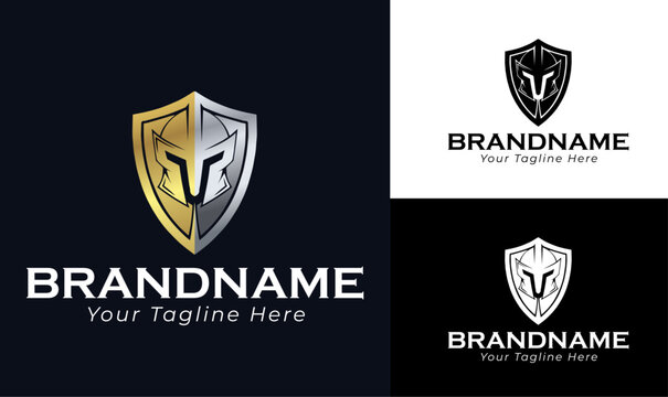 Warrior shield logo design template for security business gaming brand or sports team identity