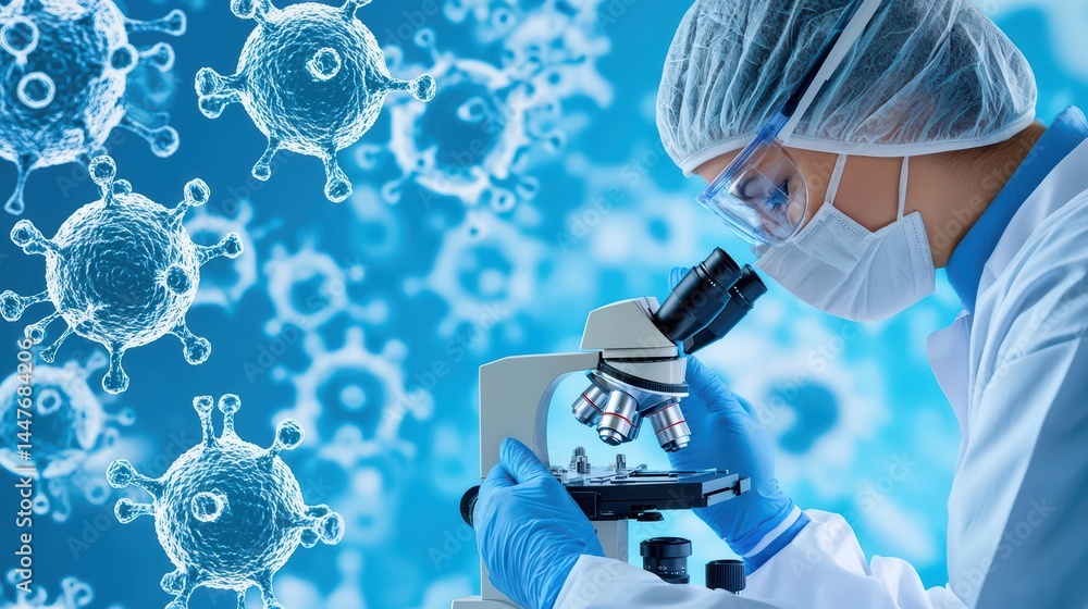 Poster scientist examines microbes with microscope in laboratory setting amidst blue background featuring v