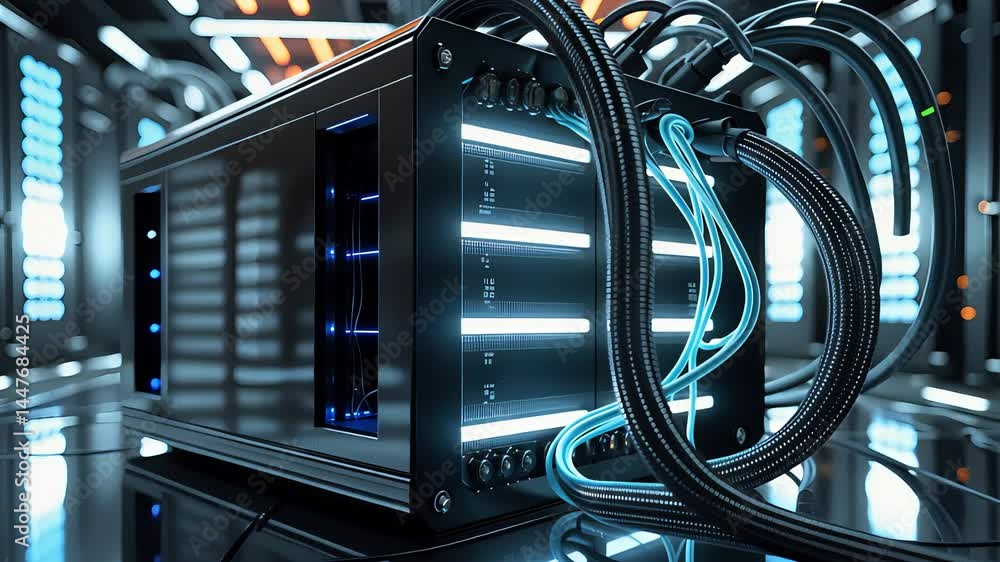 Aufkleber close-up of a high-tech data server with illuminated cables and lights in a modern data center or se