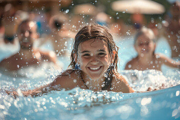 Joyful family enjoying a fun filled day at water park during their exciting summer vacation, splashing around and creating unforgettable memories together in sun    