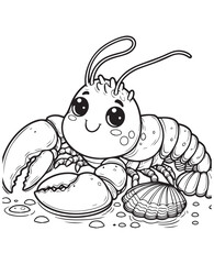 Coloring book lobster with a seashell on the sandy seabed. A cute and peaceful marine scene