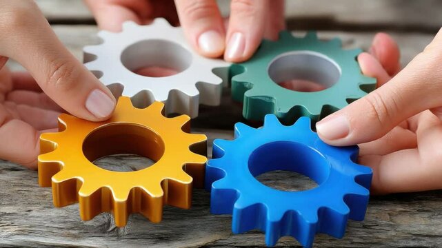 Interlocking Gears: A collaborative, hands-on image representing synergy and teamwork. Four colored gears interlock, symbolizing cooperation and coordinated effort for a cohesive system. 