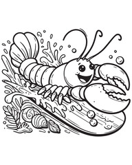 Coloring book lobster surfing on a wave with seashells and splashes. 