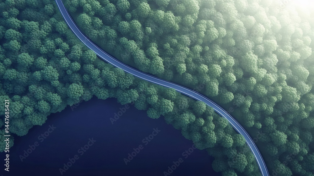 Aufkleber 緑豊かな森の中の曲がりくねった道路俯瞰図 穏やかな朝の光が差し込む美しい風景